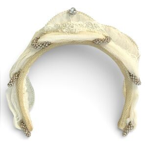 Vintage Handmade Tiara Bridal Headpiece Band Crown Pearl Tulle Lace Wedding